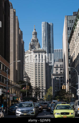 View of Gehry Building and Municipal Building South of Chinatown, NYC Stock Photo