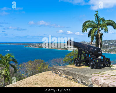 dh Scarborough TOBAGO CARIBBEAN Fort King George cannon overlooking harbour bay Stock Photo