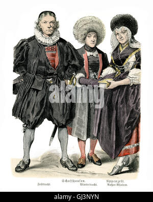 Traditional costumes of Switzerland, late 18th Century. Schaffhausen, festival costumes, winter costumes. Apoenzell Stock Photo