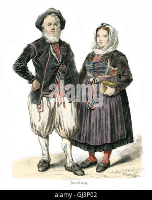 Traditional costumes of Switzerland, late 18th Century. Freiburg Stock Photo