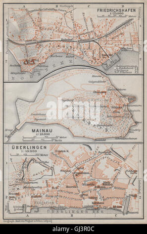 BODENSEE LAKE CONSTANCE Friedrichshafen Mainau Überlingen stadtplan, 1910 map Stock Photo