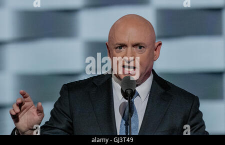 Philadelphia, Pennsylvania, USA, 28th July, 2016 NASA Astronaut Captain,USN (Retired) Mark Kelly addresses the Democratic National Convention. Mark is the husband of former congresswoman Gabrielle Giffords.  Credit: Mark Reinstein Stock Photo