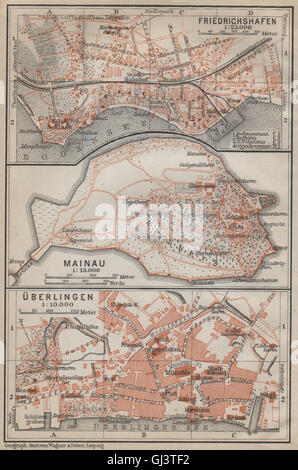 BODENSEE LAKE CONSTANCE Friedrichshafen Mainau Überlingen stadtplan, 1914 map Stock Photo