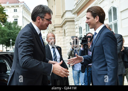 Vienna, Austria. 12th Aug, 2016. Austrian Foreign Minister Sebastian Kurz (R) shakes hands with Serbian Prime Minister Aleksandar Vucic at the Austrian Foreign Ministry in Vienna, Austria, Aug. 12, 2016. © Qian Yi/Xinhua/Alamy Live News Stock Photo