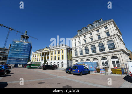 Poundbury, Dorset, UK Poundbury, Dorset, UK. 12th Aug, 2016. Pub, hotel and restaurant named after the Duchess of Cornwall (right), Strathmore House (centre) and the Royal Pavilion Credit:  Dorset Media Service/Alamy Live News Stock Photo