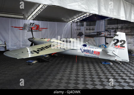 Ascot, Berkshire, UK. 13th Aug, 2016. The Zivko Aeronautics Edge 540 racing plane of Hannes Arch (AUT) in the hanger shortly before the start of the qualifying day of the Red Bull Air Race, Ascot, United Kingdom. The Red Bull Air Race features the world's best race pilots in a pure motorsport competition that combines speed, precision and skill. Using the fastest, most agile, lightweight racing planes, pilots hit speeds of 370kmh while enduring forces of up to 10G as they navigate a low-level slalom track marked by 25-meter-high, air-filled pylons. Credit:  Michael Preston/Alamy Live News Stock Photo