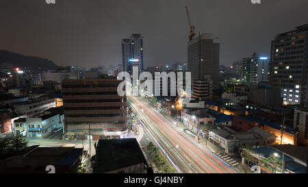 Night Seoul with cars on motorway, South Korea Stock Photo