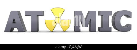 Black Word Atomic - Yellow Nuclear Symbol Stock Photo