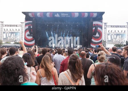 Indie music fans at BBK Bilbao music 3 day festival held annually in July,Basque region,northern Spain. Stock Photo