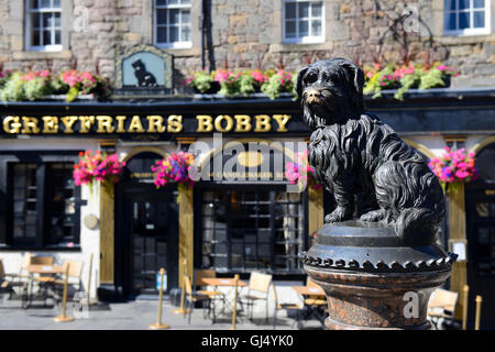 Statue of Greyfriars Bobby outside Greyfriars Bobby Public House, Candlemaker Row, Edinburgh, Scotland Stock Photo