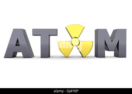 Black Word Atom - Yellow Nuclear Symbol Stock Photo