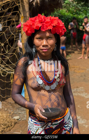 Embera Woman lives in the Panama rain forest and maintain her traditions and lifestyle Stock Photo