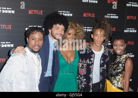 Bronx, NY USA - August 11, 2016: Shameik Moore, Justice Smith, Yolanda Ross, Jaden Smith, Satefanee Martin attend The Get Down Netflix original series premier at Lehman Center for performing arts in the Bronx Stock Photo