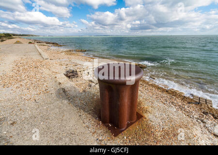 World War II iron bollard for tying up ships. Lepe Country Park, Exbury Southampton, Hampshire, England, United Kingdom Stock Photo