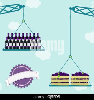 Cranes carrying crate of fresh grapes and wine bottles. Blue sky in the background. Blank ribbon for insert text. Stock Vector