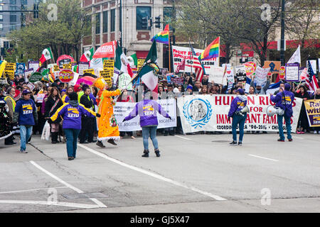 Hundreds march at the May Day March calling for immigration reform and worker rights. Stock Photo