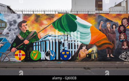 Irish Republican Easter Centenary mural at international Wall on Belfast's Falls Road depicting the GPO with Republican activist Stock Photo