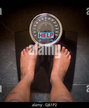 the bathroom scales that speaks to you and tells you the truth by writing it on the screen: help! Stock Photo