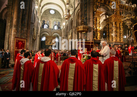 Service on July 25th, on St James Day at the altar of Santiago de Compostela Cathedral.Interior, With the Botafumeiro, the famous censer, Stock Photo