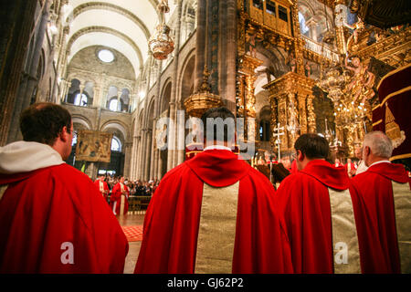 Service on July 25th, on St James Day at the altar of Santiago de Compostela Cathedral.Interior, With the Botafumeiro, the famous censer, Stock Photo