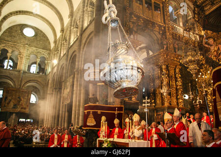 Service on July 25th, on St James Day at the altar of Santiago de Compostela Cathedral. After incense put into the Botafumeiro,interior, Stock Photo