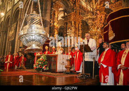 Service on July 25th, on St James Day at the altar of Santiago de Compostela Cathedral. After incense put into the Botafumeiro,  Stock Photo