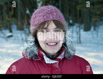 Womans profile with frost covered hair Stock Photo