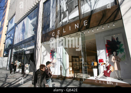 The logo of Celine (Céline) is seen at Omotesando in Minato Ward, Tokyo on  May 30, 2022. Celine (Céline) is a French luxury ready-to-wear and leather  goods brand owned by the LVMH (