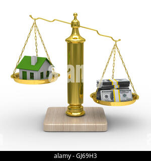 house and cashes on scales. Isolated 3D image Stock Photo