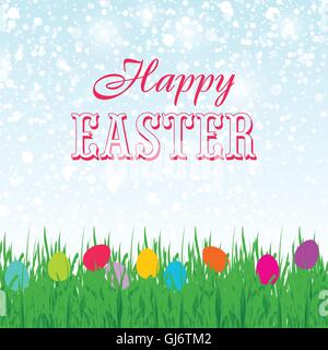 Easter background with copyspace in the sky featuring a cute Easter Bunny and lots of painted Easter Eggs Stock Vector