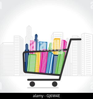 shopping cart full  of colorful building vector Stock Vector