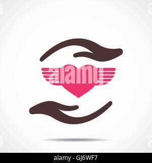 heart wing icon under hand Stock Vector