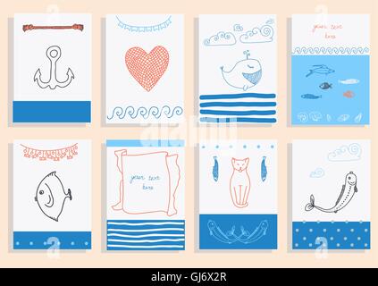 greeting card set cute sea objects collection. Stock Vector