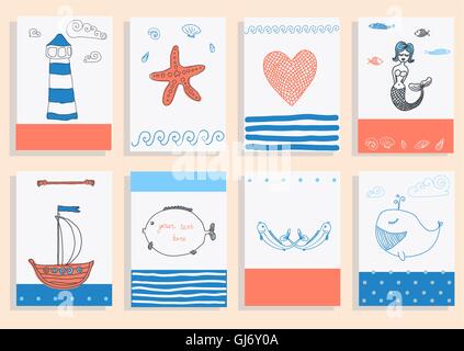 greeting card set cute sea objects collection. Stock Vector