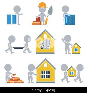 Flat icon with house construction people for site design. Vector line ...
