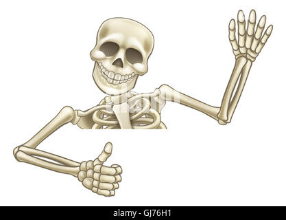 A skeleton Halloween cartoon character peeping over a sign waving and giving a thumbs up Stock Photo