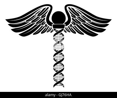 Caduceus medical symbol with a human DNA double helix genetic chromosome strand making up the central rod. Stock Photo