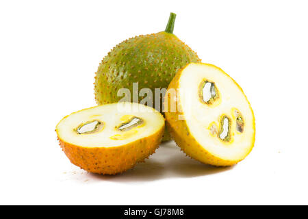 Green baby jackfruit and ripe baby jackfruit slice isolated on white background. Stock Photo