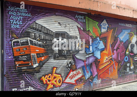 Kelzo Manchester mural in shutter, Koffee Pot, Northern Quarter Artwork, NQ, Manchester, North West England, UK, M1 1JR Stock Photo