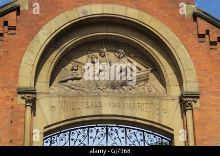 Smithfield old Markets sculpted figures,Manchester city centre, England,UK -Fish &ships Stock Photo