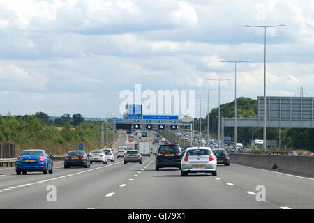 Heavy traffic on the M1 southbound motorway in England near London at junction 6A Stock Photo