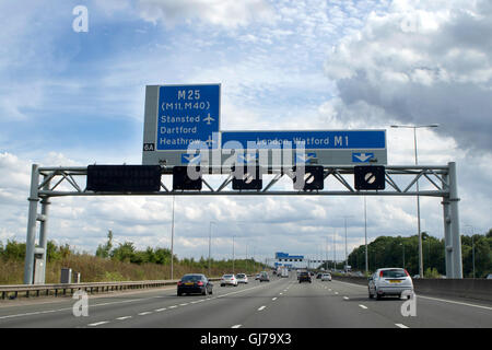 Heavy traffic on the M1 southbound motorway in England near London at junction 6A Stock Photo