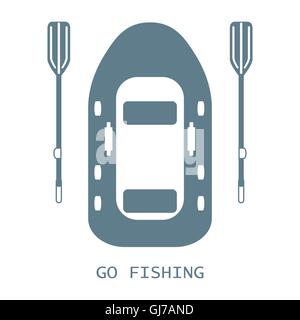 Stylized icon of a colored inflatable boat with oars for fishing on a white background Stock Vector
