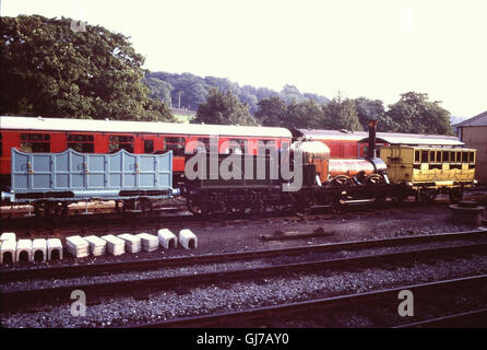 White sky view, across railway lines towards hillside trees, the 1837 Liverpool and Manchester Railway steam locomotive 'Lion', with replica railway carriages,  making a working visit from the Museum of Liverpool to West Yorkshire's Worth Valley Railway in the summer of 1981 and seen here at the Oxenhope terminus. Stock Photo