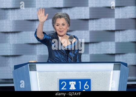 Senator Barbara Boxer of California speaks during the 2nd day of the Democratic National Convention at the Wells Fargo Center July 26, 2016 in Philadelphia, Pennsylvania. Stock Photo