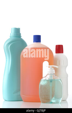 Household Cleaning And Personal Hygiene Bottles on White Background Stock Photo