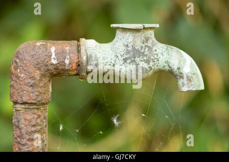 Old rusty pipe and broken copper tap. Outdoor plumbing after many years exposed to the elements, showing corrosion Stock Photo