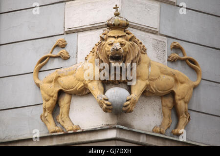 Bohemian heraldic lion depicted on the dwelling house in Jana Zajice Street in Bubenec District in Prague, Czech Republic. Stock Photo