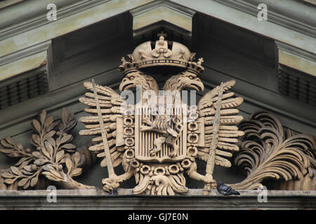 Habsburg double-headed eagle depicted on the Hybernia Theatre in the Republic Square in Prague, Czech Republic. Stock Photo