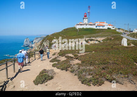 SINTRA, PORTUGAL - JULY 15, 2016: The lighthouse at Cabo da Roca, a cape located close to Lisbon which forms the westernmost ext Stock Photo